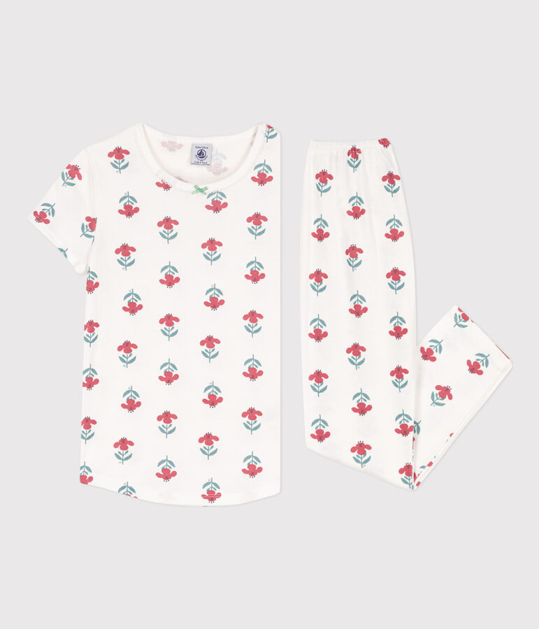 Pyjama manches courtes fleurs en coton petite fille blanc/multicouleur