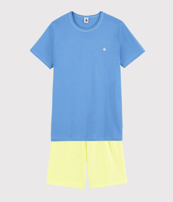 Blauwe en gele pyjacourt van ribstof uniseks blauw EDNA/ecru MULTICO