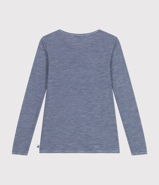 Gestreept T-shirt met lange mouw van wol en katoen voor dames blauw MEDIEVAL/wit MARSHMALLOW