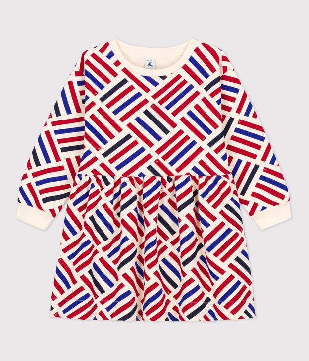 Meisjesjurk met lange mouwen in molton met print ecru/multicouleur