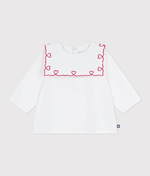Blouse b&eacute;b&eacute; en popeline de coton manches longues, brod&eacute;e c&oelig;urs blanc