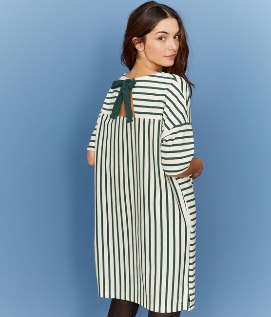 Jurk met korte mouwen vrouwen beige COQUILLE/groen SOUSBOIS