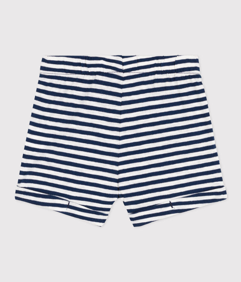 Short b&eacute;b&eacute; en jersey flamm&eacute; ray&eacute; bleu/blanc