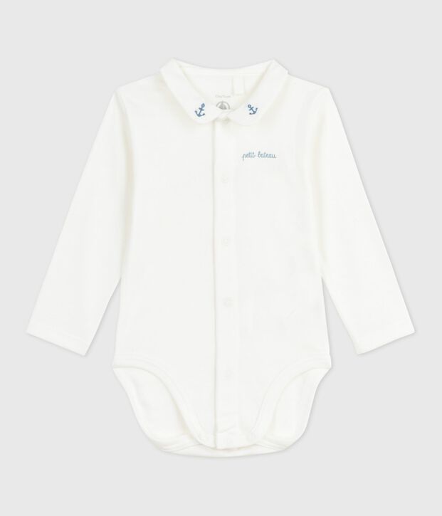 Babybody met geborduurd kraagje en opschrift op de borst wit/blauw
