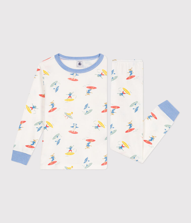 Pyjama enfant en coton manches longues imprim&eacute; surfeurs blanc/multicouleur