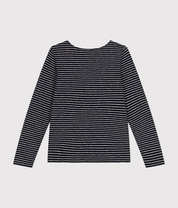 Dames-T-shirt van gevlamde jersey met lange mouw en diepe halslijn - Le Droit blauw/beige