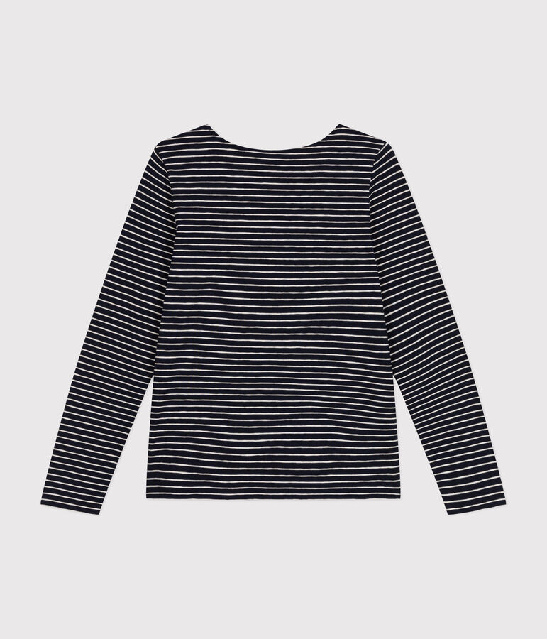 Dames-T-shirt van gevlamde jersey met lange mouw en diepe halslijn - Le Droit blauw/beige