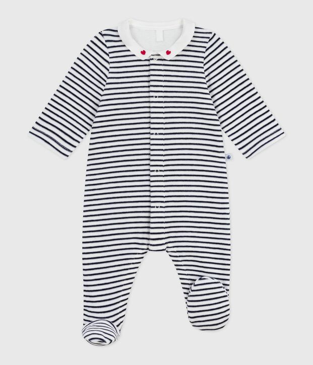 Fluwelen babypyjama met kraag en print wit/blauw