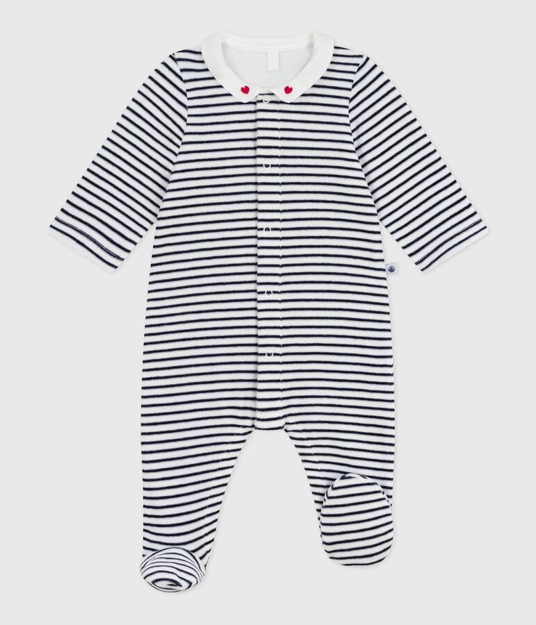 Fluwelen babypyjama met kraag en print wit/blauw