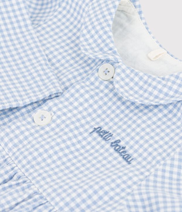 Kort katoenen kruippakje met kraagje en vichyprint voor baby's blauw/wit