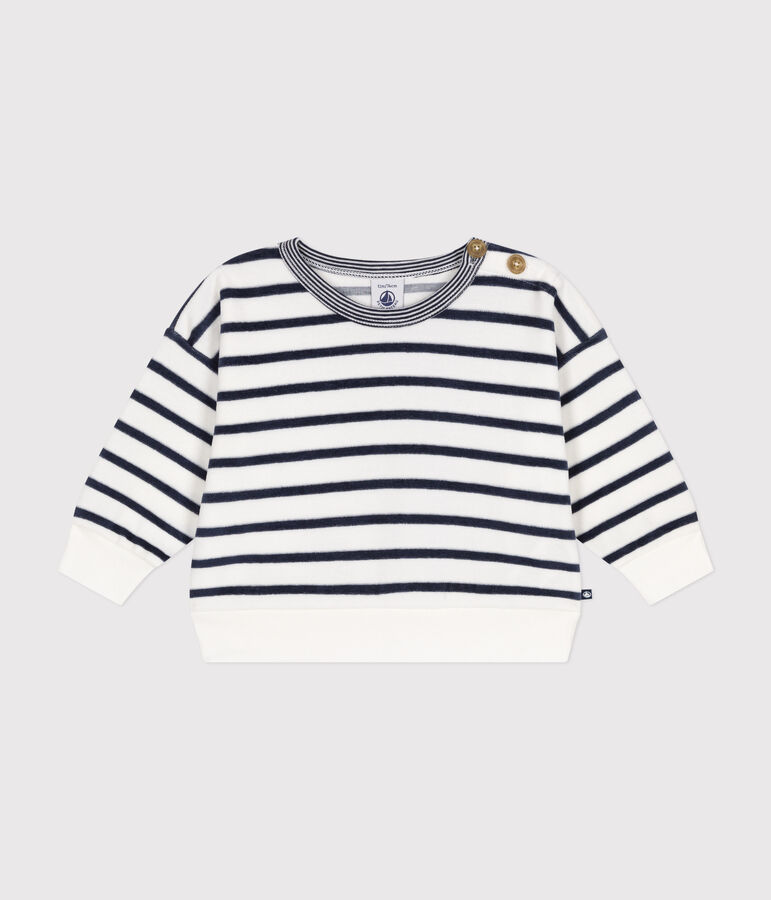 Sweatshirt en bouclette velours b&eacute;b&eacute; blanc/bleu