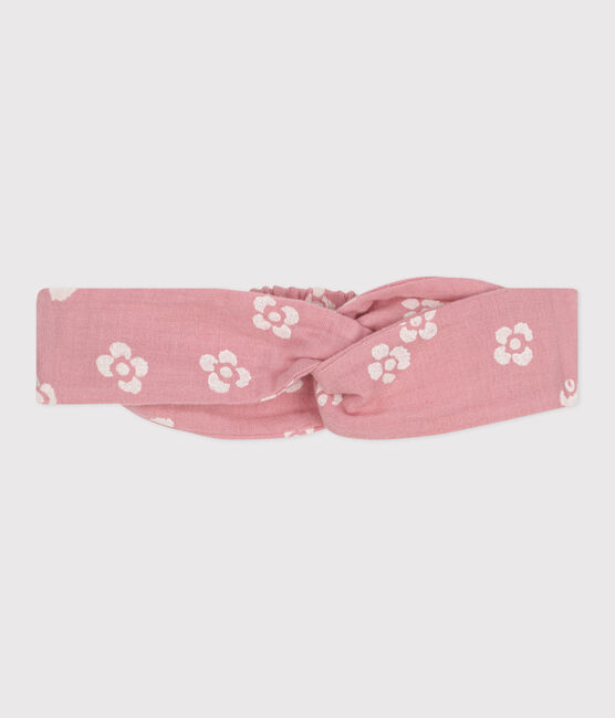 Babyhoofdband van katoenen gaas met bloemenprint roze CHARME/wit MARSHMALLOW