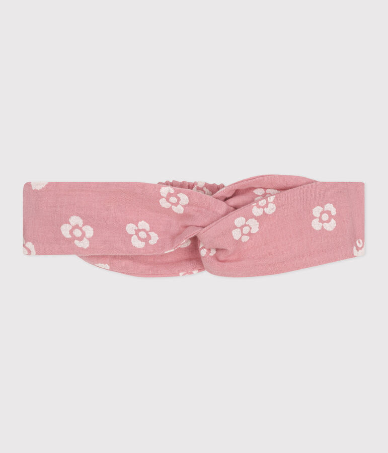 Babyhoofdband van katoenen gaas met bloemenprint roze/wit
