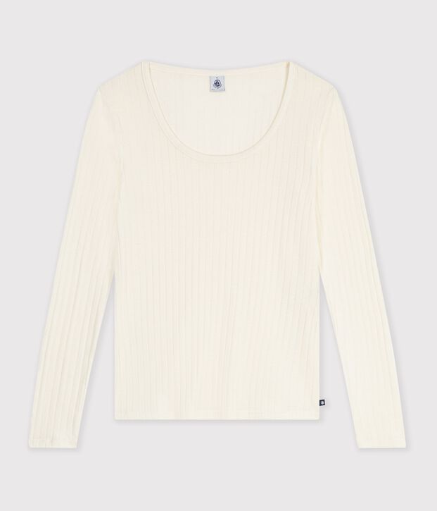 Tee-shirt col danseuse femme en laine et coton uni blanc cass&eacute;