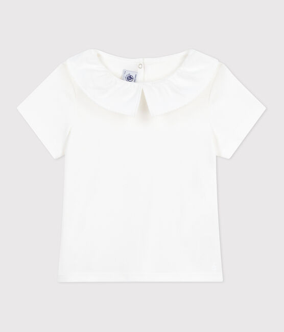 Katoenen T-shirt met korte mouwen en effen kraagje voor kinderen wit MARSHMALLOW