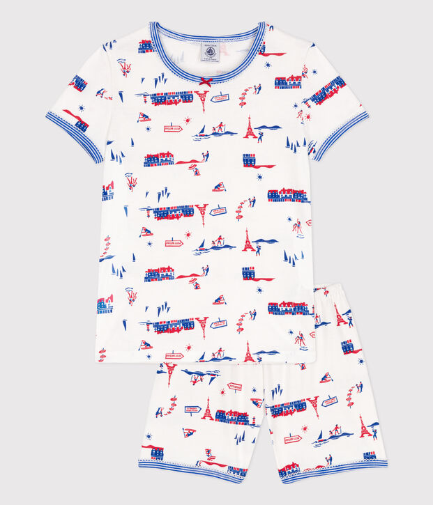Korte katoenen meisjespyjama met 'Parijs'-print wit/multicouleur