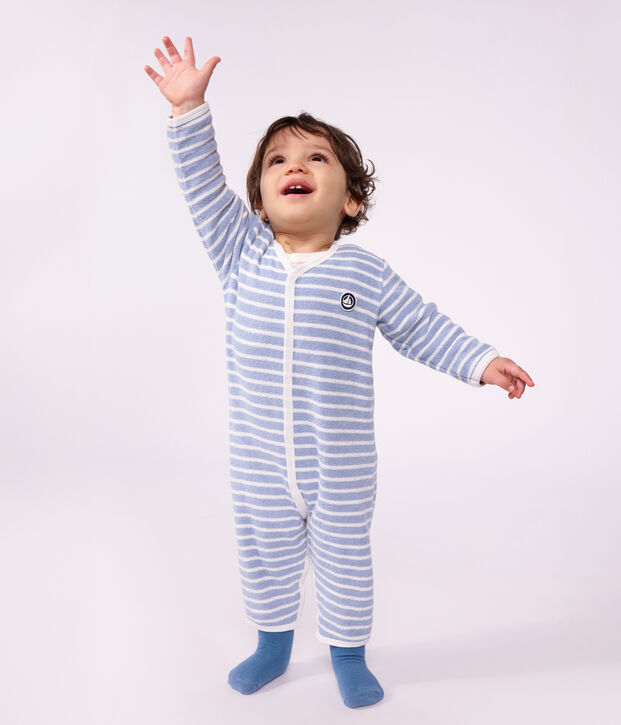 Pyjama b&eacute;b&eacute; en coton &eacute;ponge sans pieds &agrave; rayures bleu/&eacute;cru
