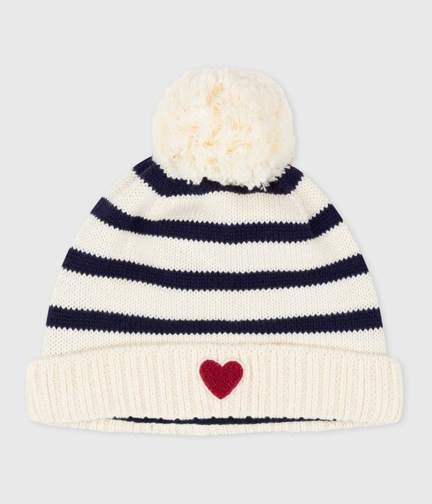 Gebreide gestreepte babymuts met fleecevoering blauw/blauw