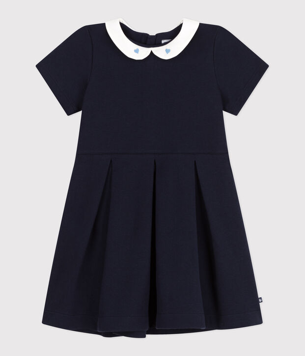 Robe enfant en coton manches courtes unie bleu marine