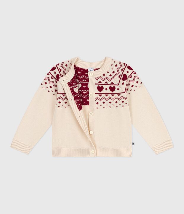 Cardigan van jacquard uit wol en katoen met motief voor kinderen ecru/rood