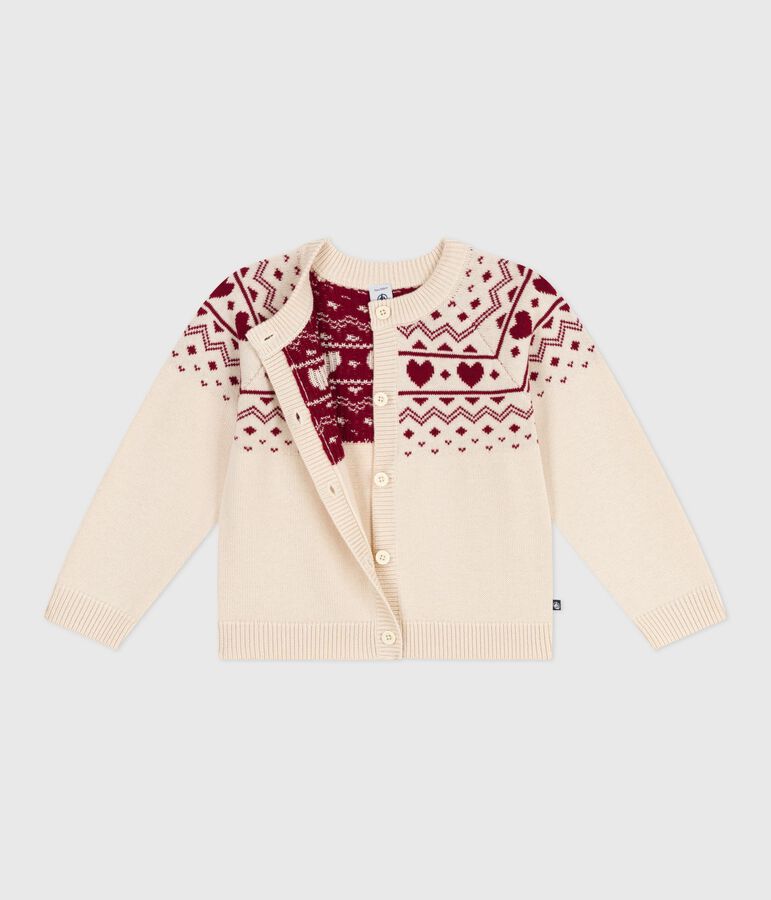 Cardigan enfant en laine et coton &agrave; motif jacquard &eacute;cru/rouge