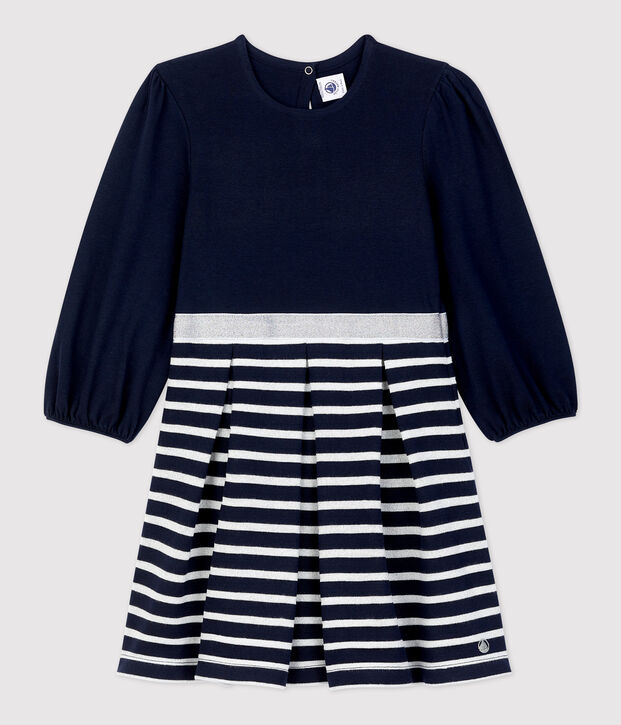 Jurk met lange mouwen van katoen voor meisjes blauw/MARSHMALLOW ARGENT BRILLANT