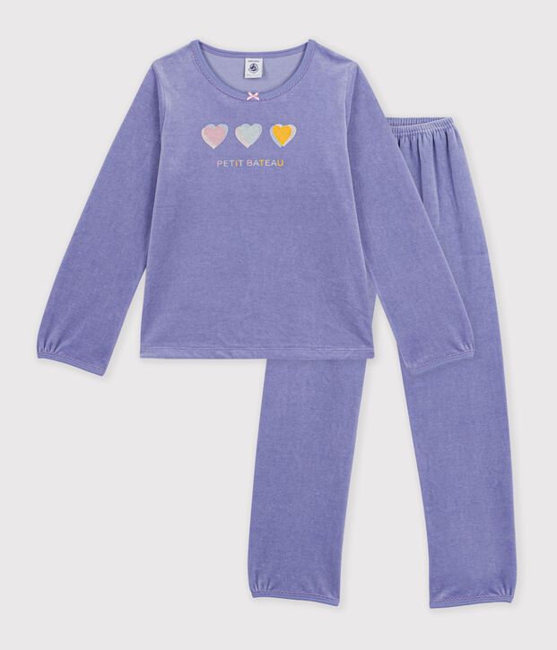 Pyjama enfant en velours &agrave; motif c&oelig;urs violet