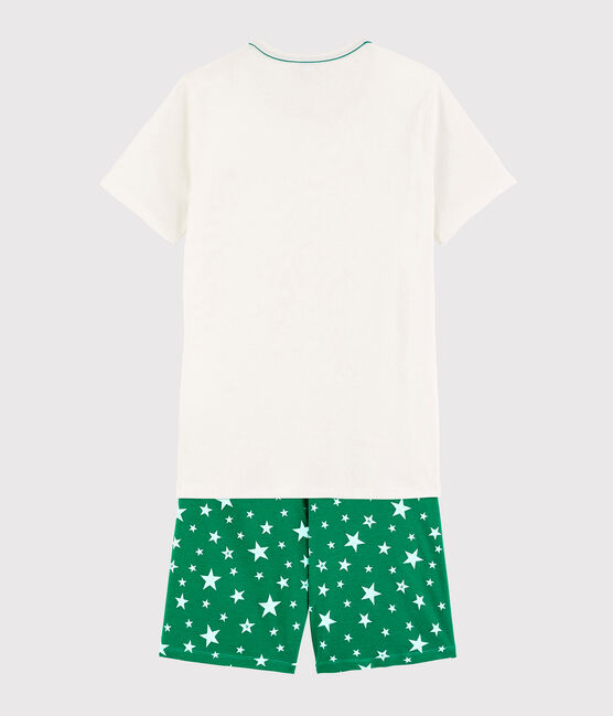 Witte pyjacourt van ribstof uniseks wit MARSHMALLOW/groen GAZON