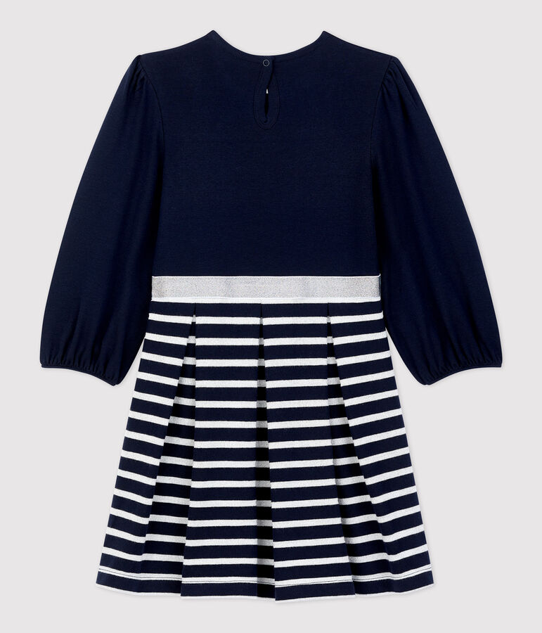 Jurk met lange mouwen van katoen voor meisjes blauw/MARSHMALLOW ARGENT BRILLANT