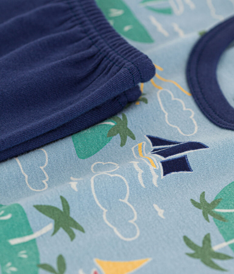 Jongenspyjama met korte mouwen en ontdekkingsreizigersprint in katoen blauw CHALOUPE/wit MULTICO