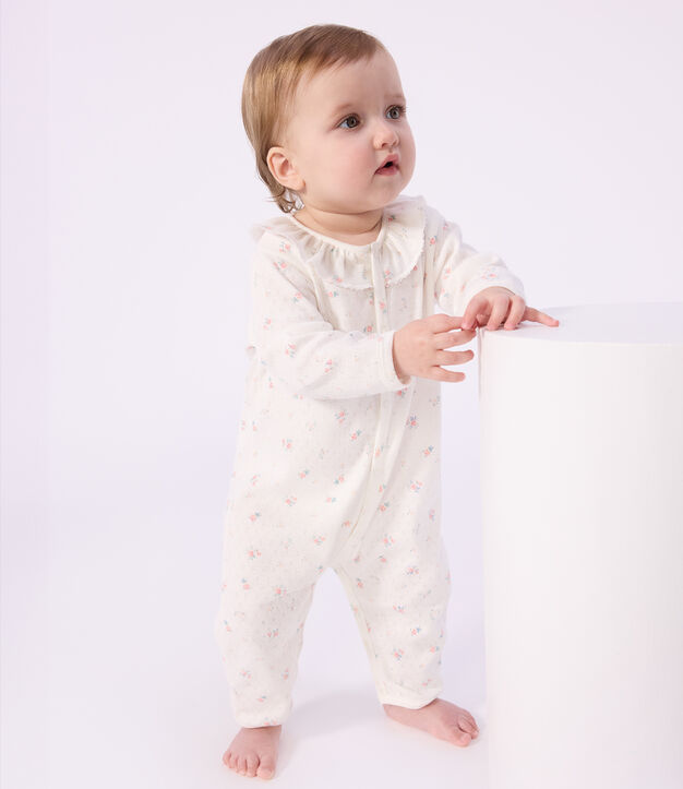 Babypyjama van opengewerkte katoen zonder voetjes met kraag met bloemenprint wit/multicouleur