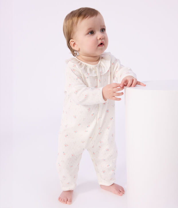 Pyjama b&eacute;b&eacute; en coton ajour&eacute; sans pieds avec col imprim&eacute; fleuri blanc/multicouleur