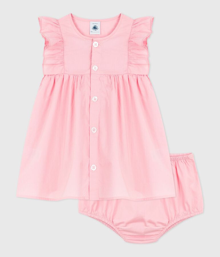 Robe b&eacute;b&eacute; en coton unie et son bloomer rose