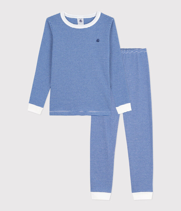 Gestreepte katoenen kinderpyjama met zeer nauw aansluitende pijpen blauw/wit
