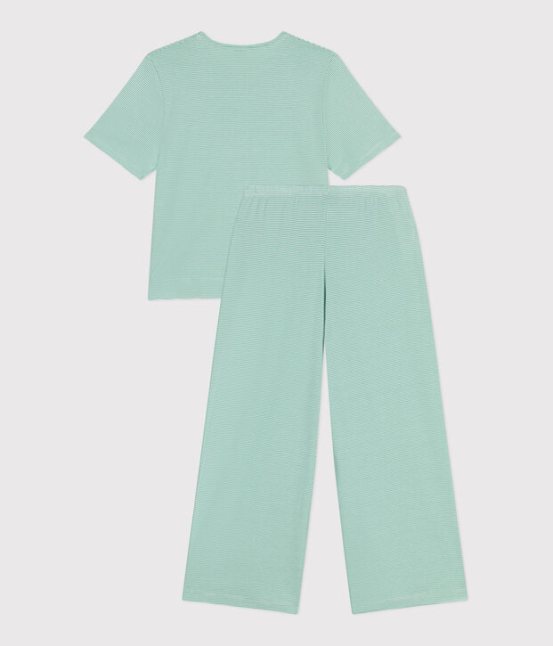 Pyjama femme en coton jambes larges &agrave; rayures vert/blanc