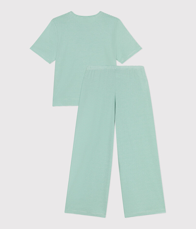 Pyjama femme en coton jambes larges &agrave; rayures vert ALOEVERA/blanc MARSHMALLOW
