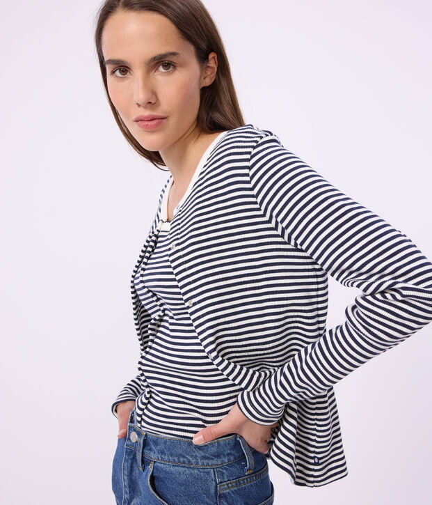 Katoenen damescardigan met strepen blauw/wit