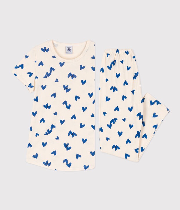 Pyjama manches courtes petite fille en coton &eacute;cru/multicouleur