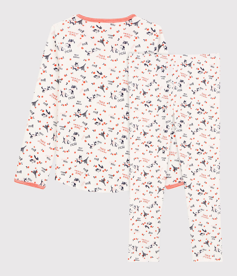 Meisjespyjama met Parijs print, van biologisch katoen wit MARSHMALLOW/wit MULTICO