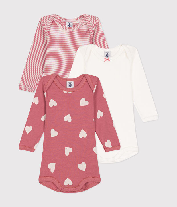 Lot de 3 bodies manches longues c&oelig;urs en coton b&eacute;b&eacute; multicouleur