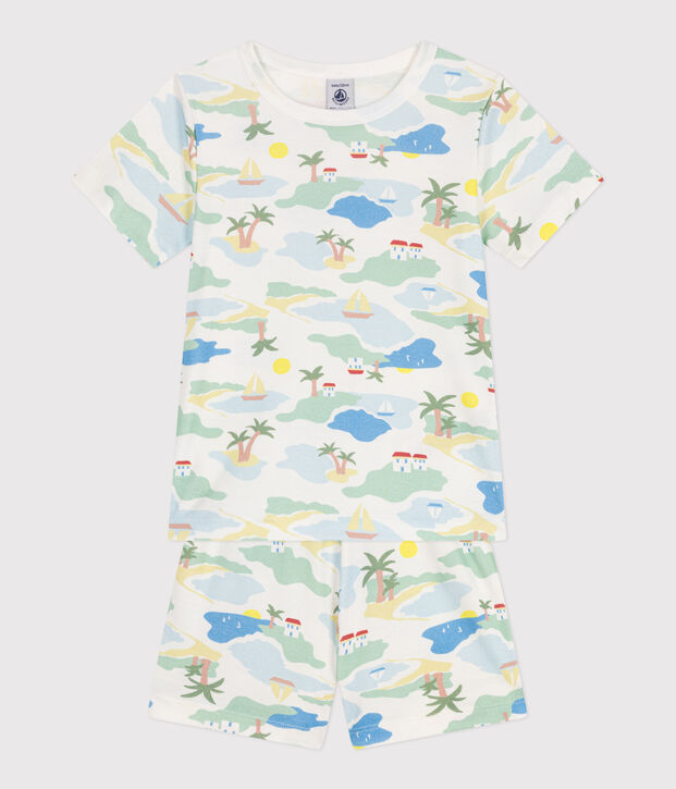 Korte katoenen kinderpyjama met print wit/multicouleur
