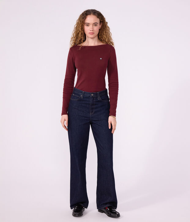 Tee-shirt femme col amiral en coton manches longues bordeaux