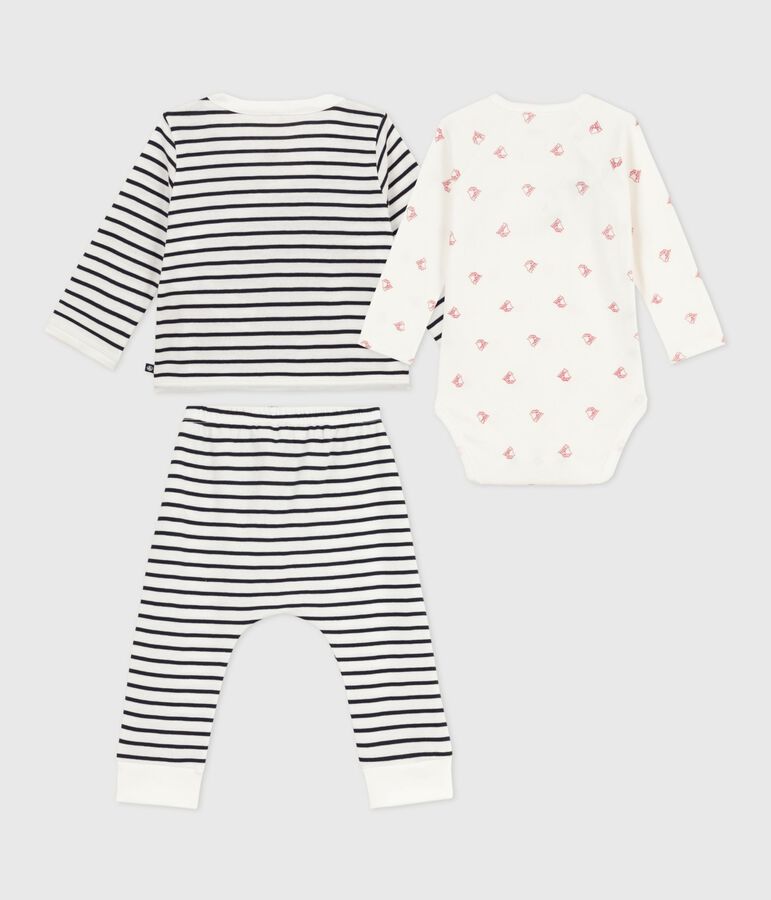 Driedelig babysetje in marinestijl met body met bootjesprint wit/blauw