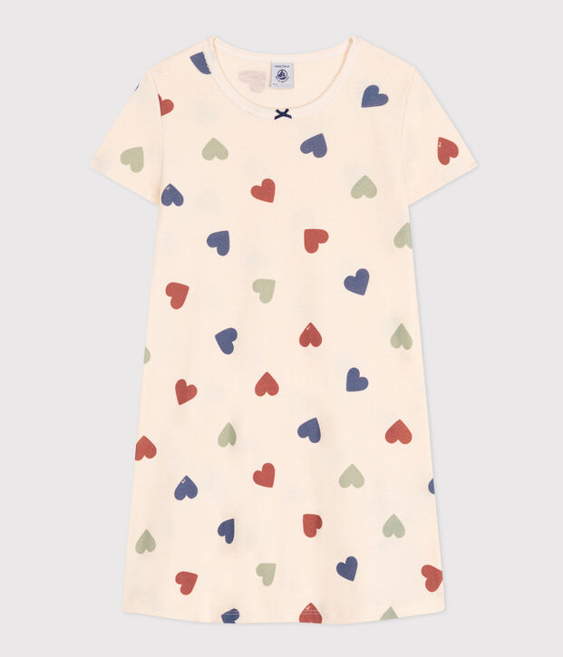 Chemise de nuit en coton motif c&oelig;ur enfant &eacute;cru/multicouleur
