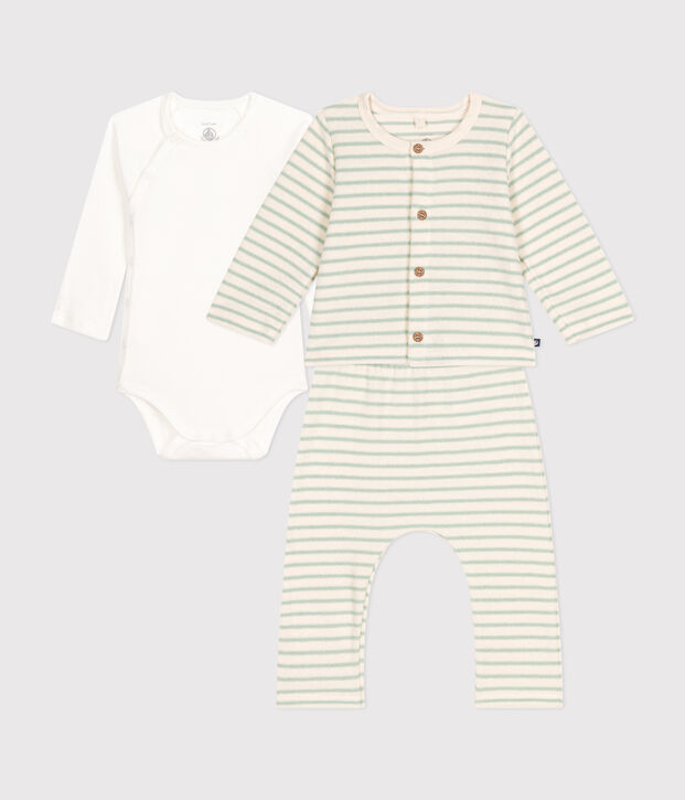 Ensemble 3 pi&egrave;ces en bouclette &eacute;ponge b&eacute;b&eacute; &eacute;cru/vert