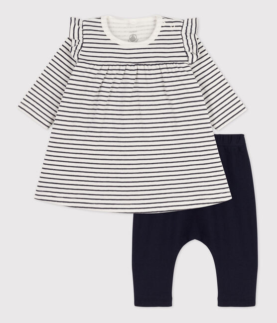 Leggingjurk met milleraies-strepen in katoenen tubic voor baby's wit MARSHMALLOW/blauw SMOKING
