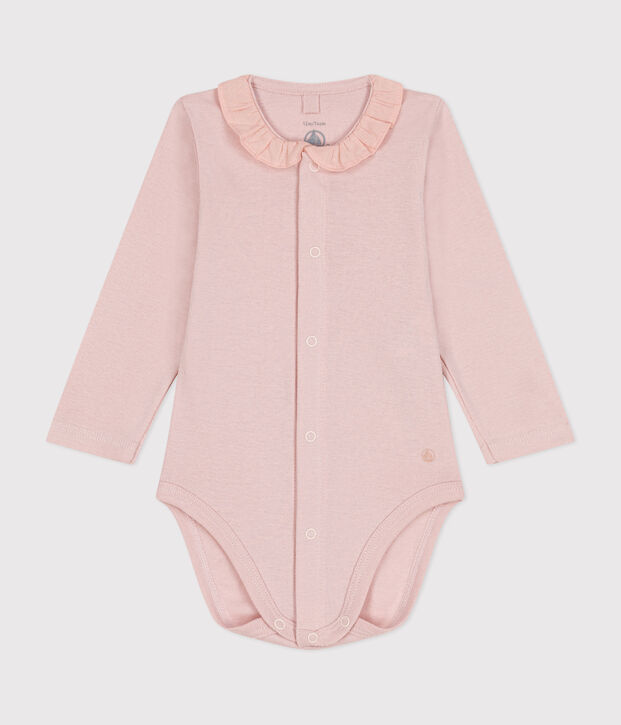 Body manches longues &agrave; collerette en coton b&eacute;b&eacute; rose