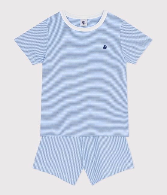 Korte katoenen kinderpyjama met streepjes blauw EDNA/wit MARSHMALLOW