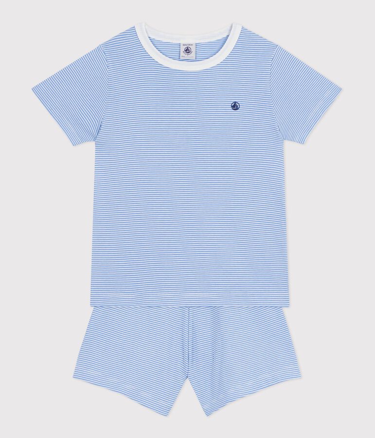 Pyjama short enfant en coton &agrave; rayures bleu/blanc