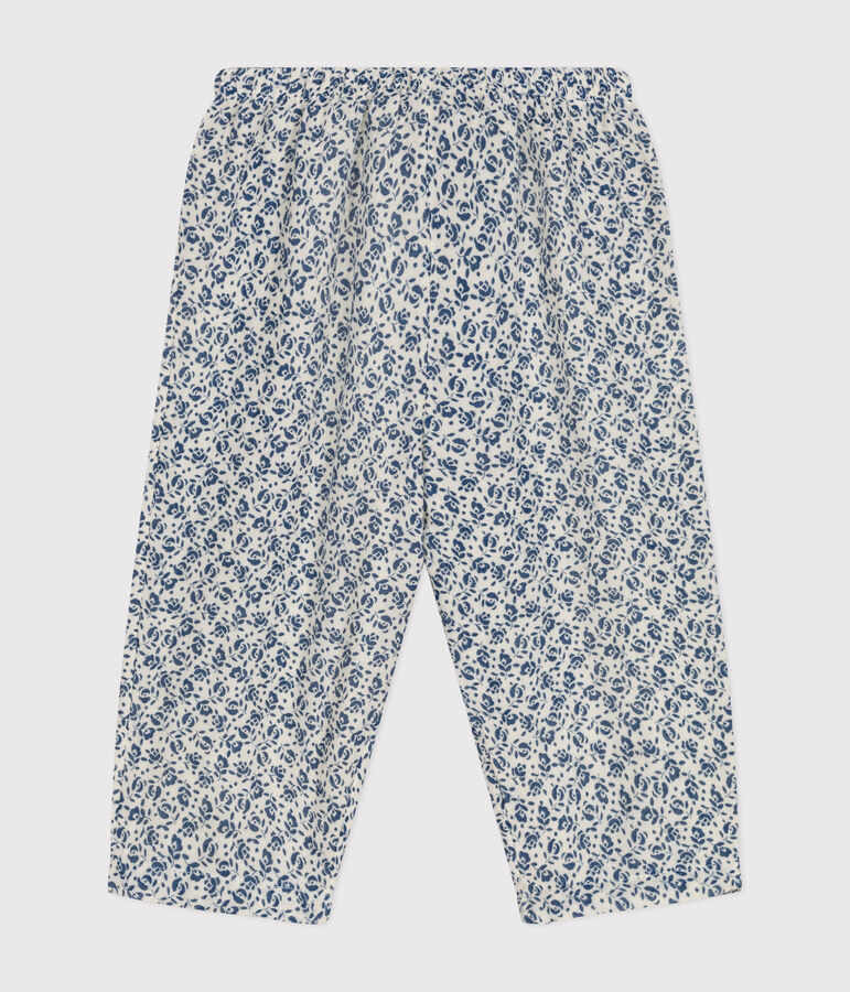 Babybroek van luchtig katoen met print ecru/blauw